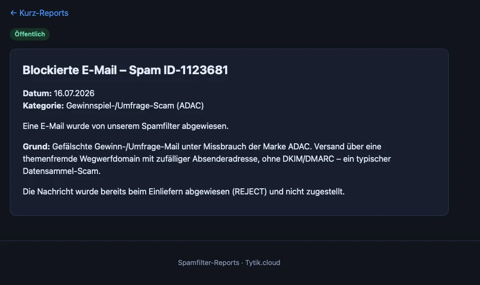 Öffentlicher Report aus Link in der Reject Meldung