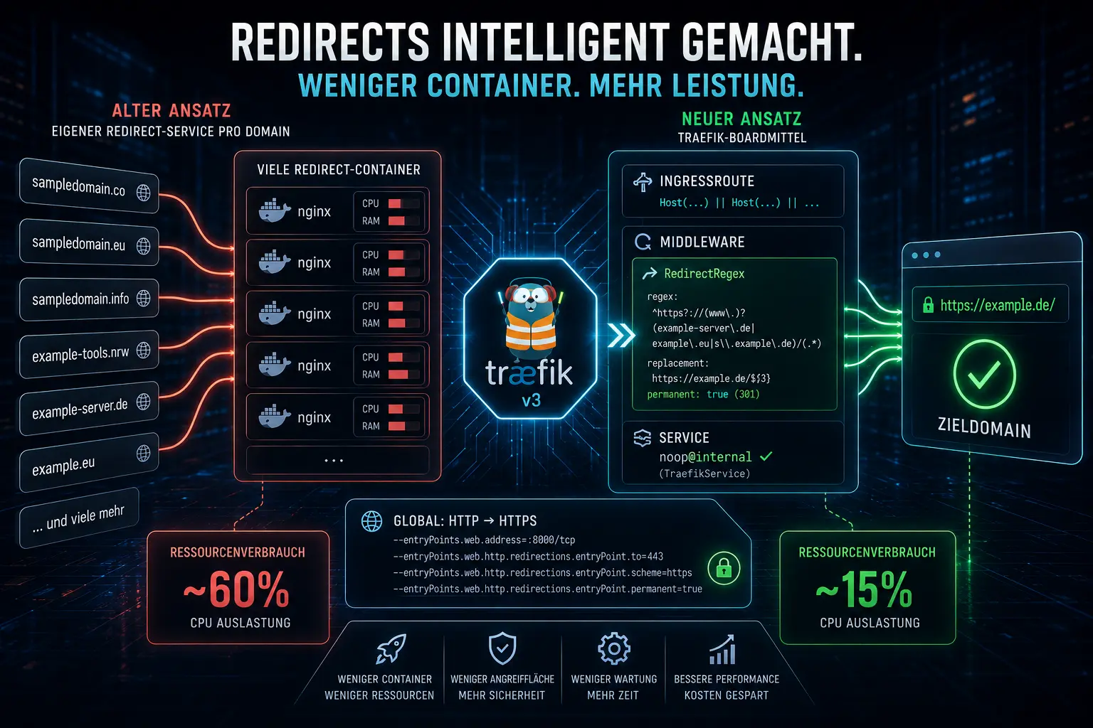 Domain-Redirects mit Traefik-Boardmitteln statt eigenem Service